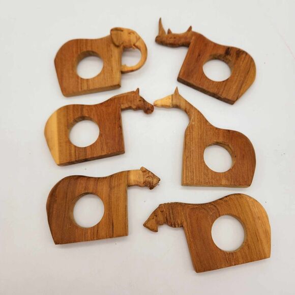Hand Carved Wooden Safari African Wild Animal Napkin Rings Set of 6 Vintage - Picture 3 of 6